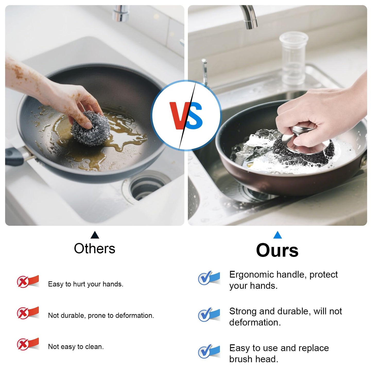 7PCS Steel Wool Scrubber Pads, Stainless Steel Scrubber Set with 1PCS Handle, Metal Scrubbers for Cleaning Kitchen and Household, Dishes, Stoves, Grill, Wash Sink, Pots