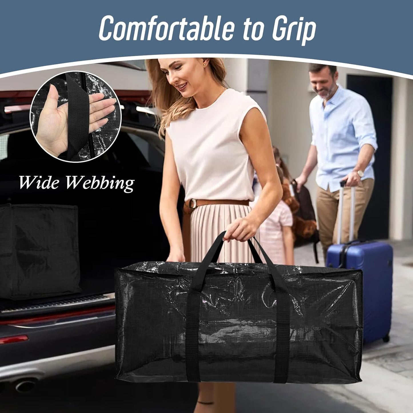 Regine Switzerland 6 Pack Extra Heavy Duty Moving Bags - Strong Zipper & Comfortable Handles, Durable Storage Totes in Black