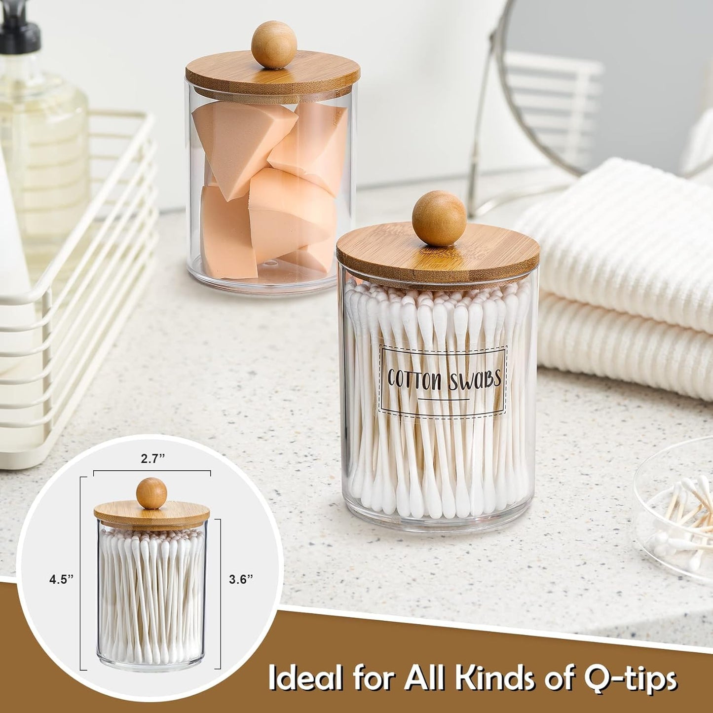 Qtip Holder Dispenser by [Brand Name] - 10 oz Clear Plastic Apothecary Jar with Bamboo Lids | Vanity Makeup Organizer Set