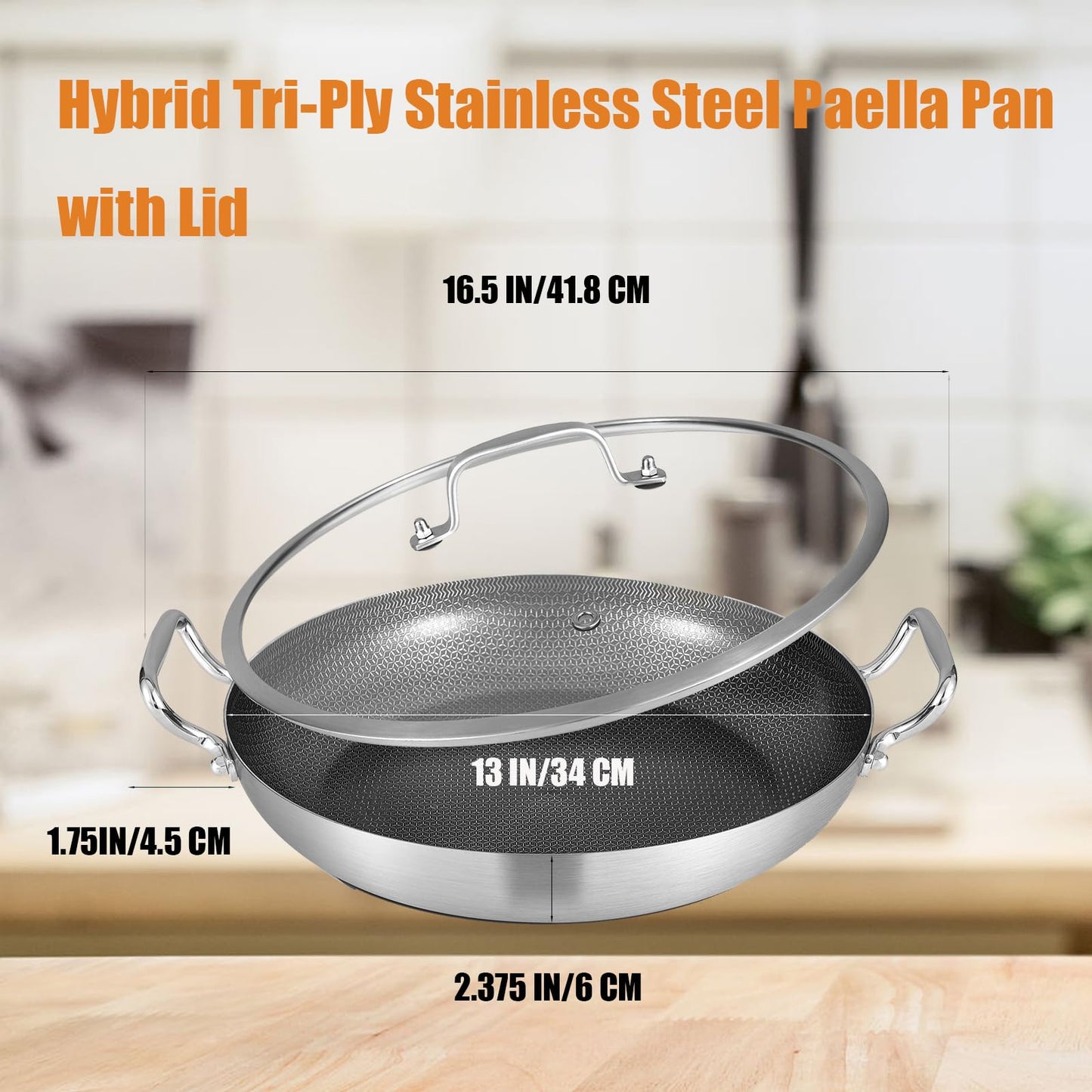 Inqibee 13-Inch Hybrid Tri-Ply Stainless Steel Paella Pan with Lid, Ceramic Non Stick Large Skillet, Induction Cooking Pan, Anti-Scratch, Dishwasher and Oven Safe