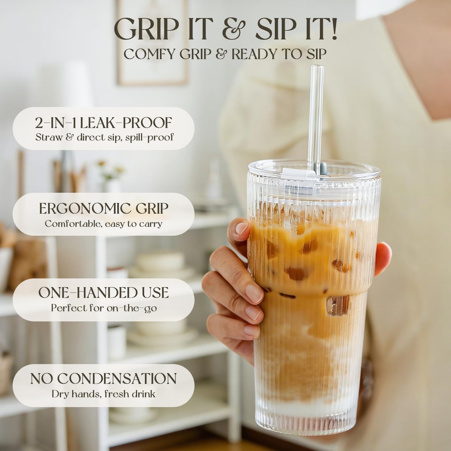 KEMORELA 20 oz Ribbed Glass Tumblers - Vintage Iced Coffee Cups with Lids & Straws | Reusable Clear Glassware