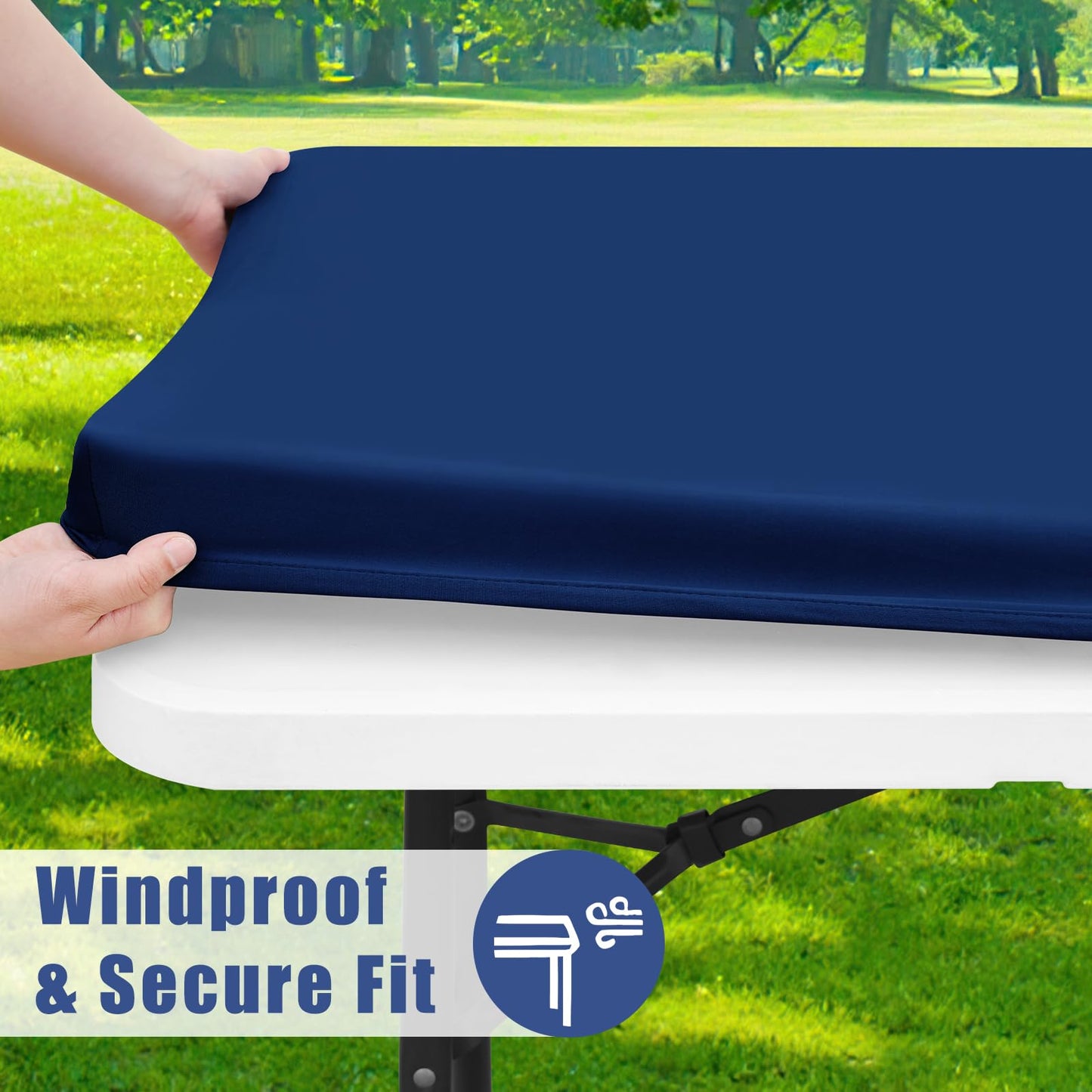 Moosfor Spandex 6 Foot Rectangle Table Cloth 2 Pack, Elastic Fitted Tablecloths for Picnic, Stretch Washable Patio Table Cover for Outdoor, Camping, Banquet and Parties (Navy, 30"x72")