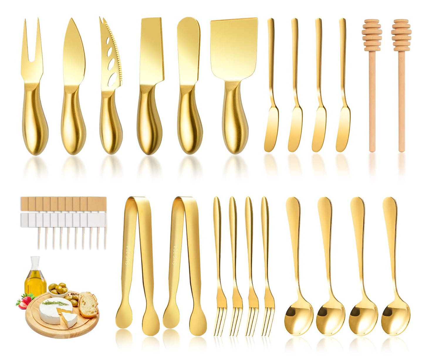 LifeMusican Gold Cheese Knife Set For Charcuterie Board Accessories, Stainless Steel Cheese Slicer And Butter Spreader knives Kit With Serving Tongs, Spoons, Forks, Flags Cheese Markers, Honey Dipper
