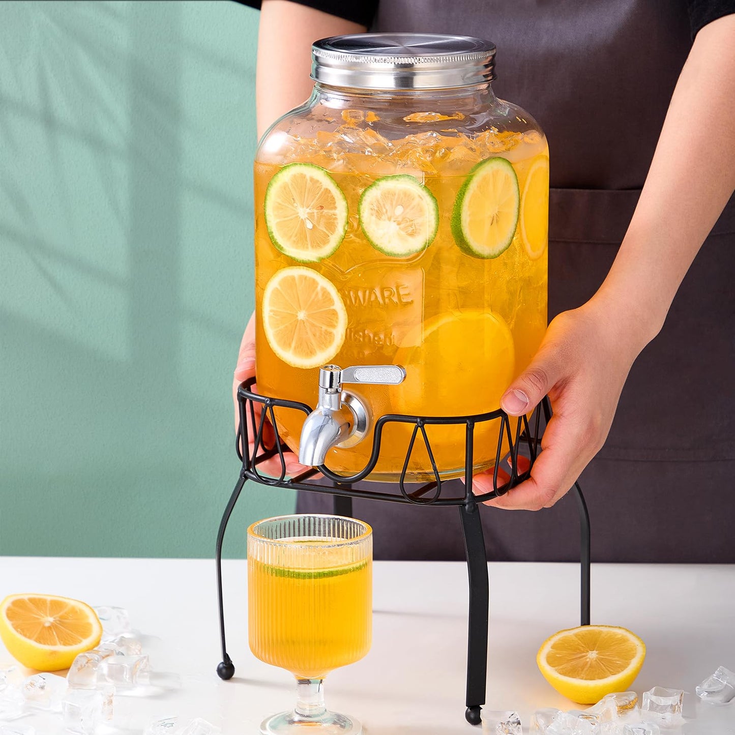 1 Gallon Glass Beverage Dispenser with Stand, Stainless Steel Spigot and Lid, Glass Drink Dispensers for Parties, Drink Dispensers with Lids for Lemonade Sun Tea Mason Jar