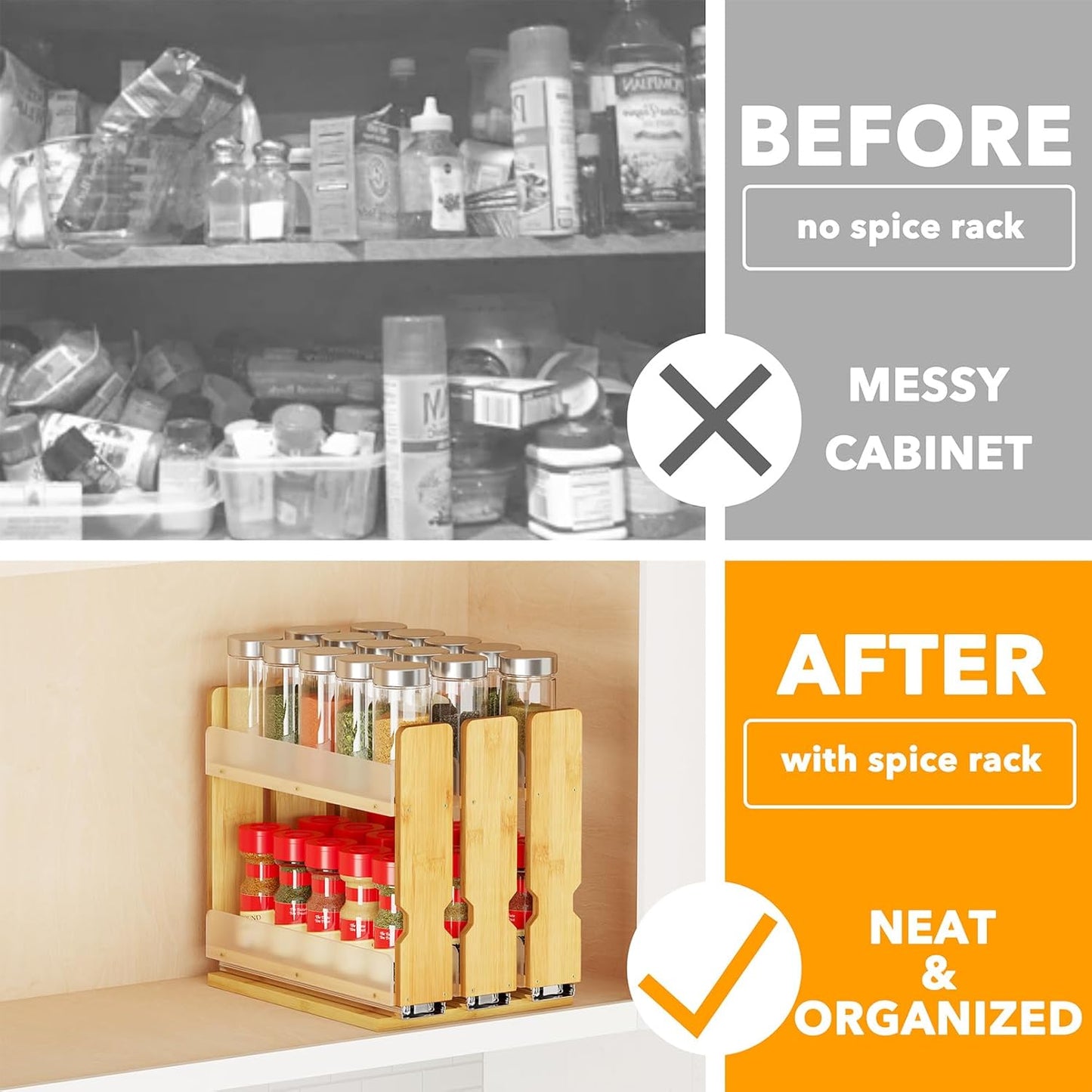 SpaceAid Bamboo Spice Rack Organizer - Heavy Duty Pull-Out Kitchen Storage, 7.6" Wide, 3 Drawers, Natural Finish