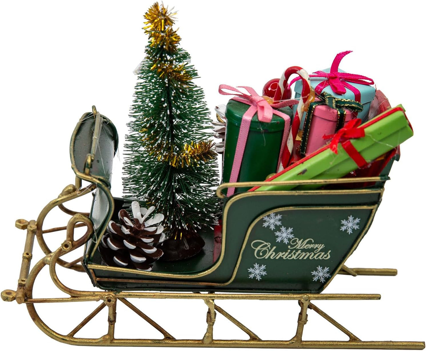 YCHTEWY Red Santa Sleigh Christmas Decor - Rustic Metal Tabletop Holiday Decoration (6.7")