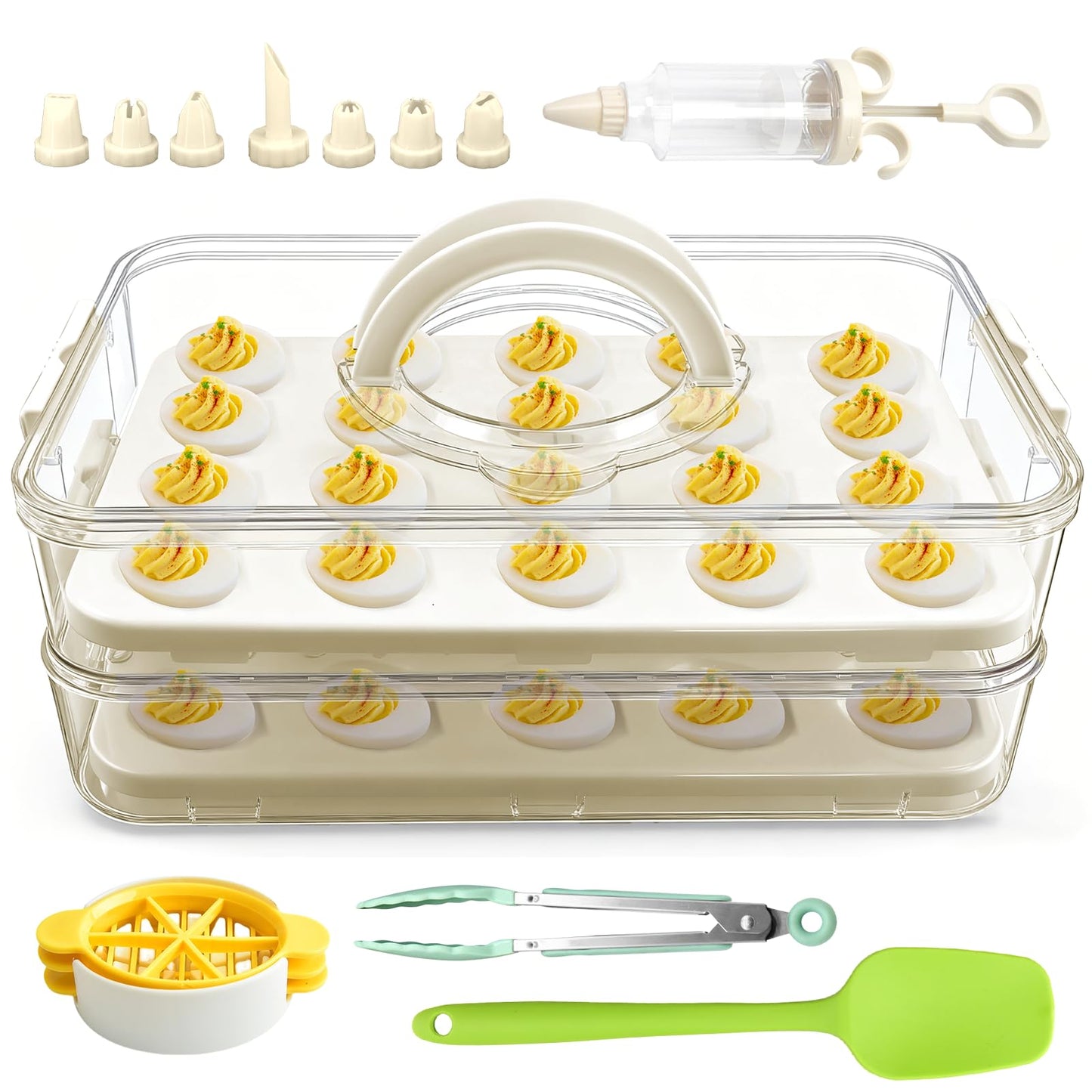 Lignumix Deviled Egg Containers with Lid & Handle (2 Layer Snap-on) PET Thickened Eggs Holder Inc Egg Slicer Kitchen Tongs Silicone Spatula and Piping Decorating Kit,for Festival Party Brunch