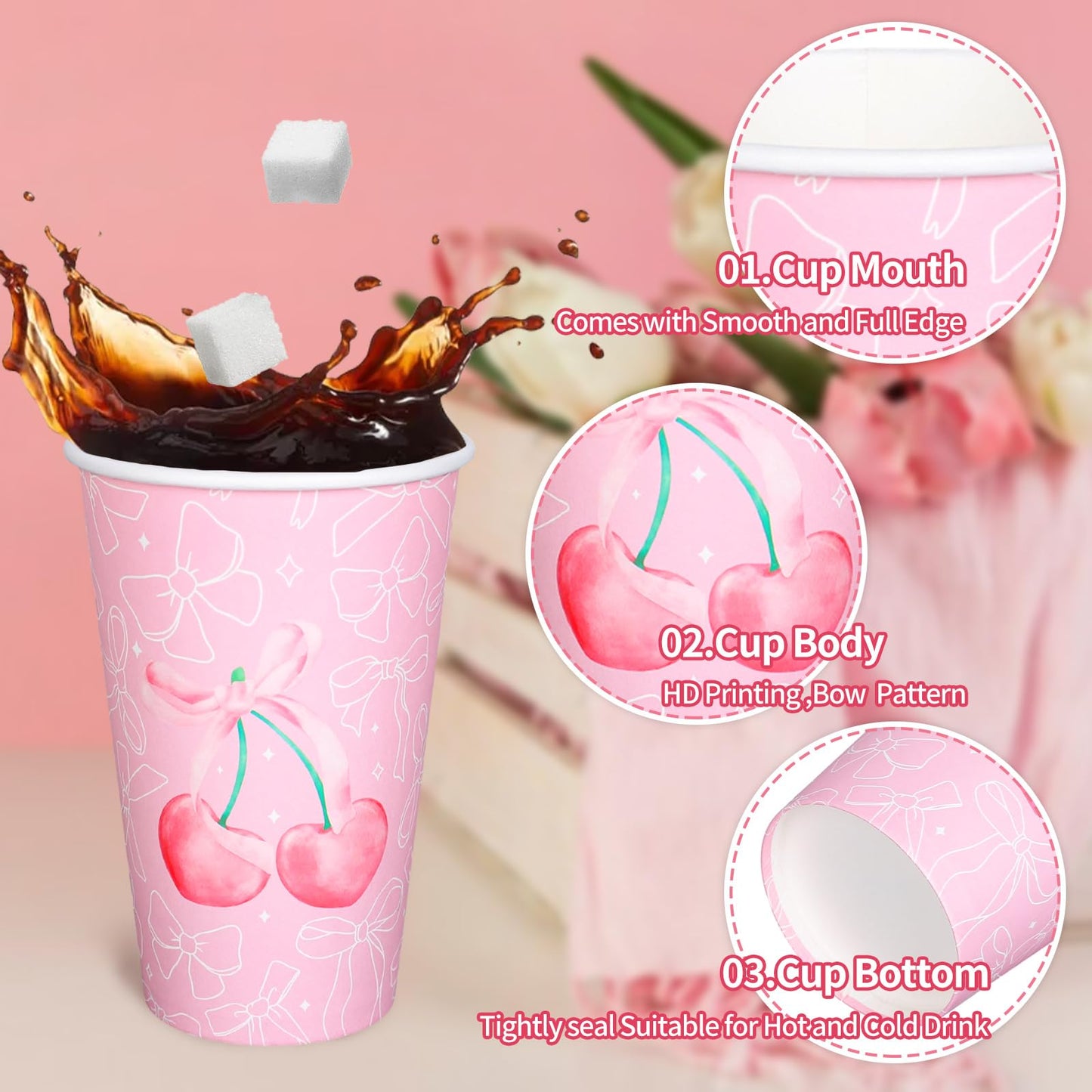 FYSUIMU 50 Pcs Pink Bow Coffee Paper Cups Cherry Bowknot Coquette 16 Oz Disposable Cups with Lids for Hot Cold Drinks Birthday Baby Shower Bachelorette Party Supplies, 2 Designs