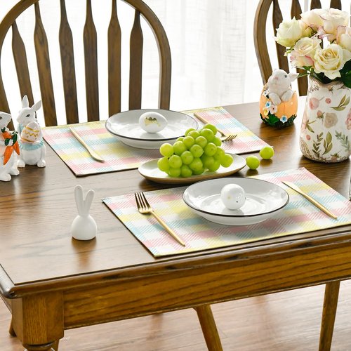 Artoid Mode Blue Pink Yellow Buffalo Plaid Placemats Set of 4, 12x18 Inch Seasonal Easter Table Mats for Party Kitchen Dining Decoration