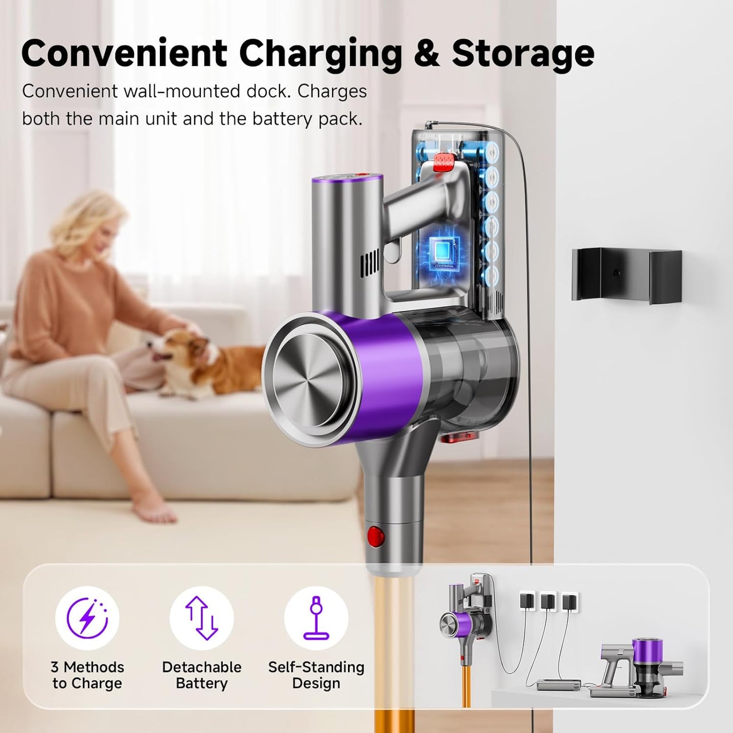 Skiennix Cordless Stick Vacuum Cleaner - 40Kpa Powerful Suction with LED Headlight | 8-in-1 Lightweight for Pet Hair, Purple