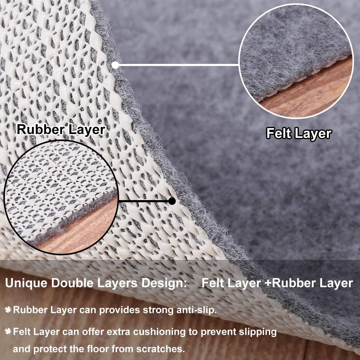 Skiennix Non-Slip Rug Pad Grippers - 6x9 Ft, 1/8" Thick Double Layer Felt & Rubber Mat for Hardwood Floors