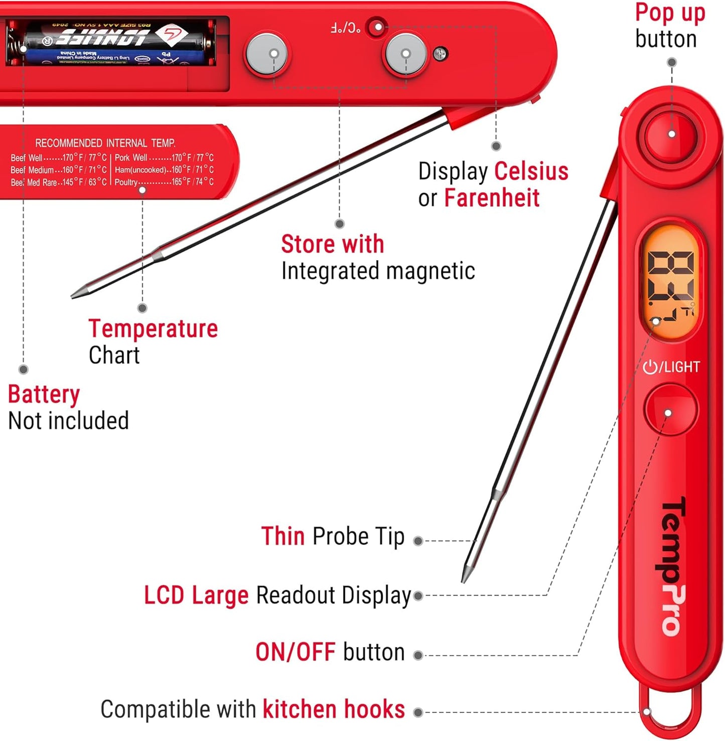 TempPro Digital Meat Thermometer - Instant Read with Backlight for Cooking, BBQ, and Candy