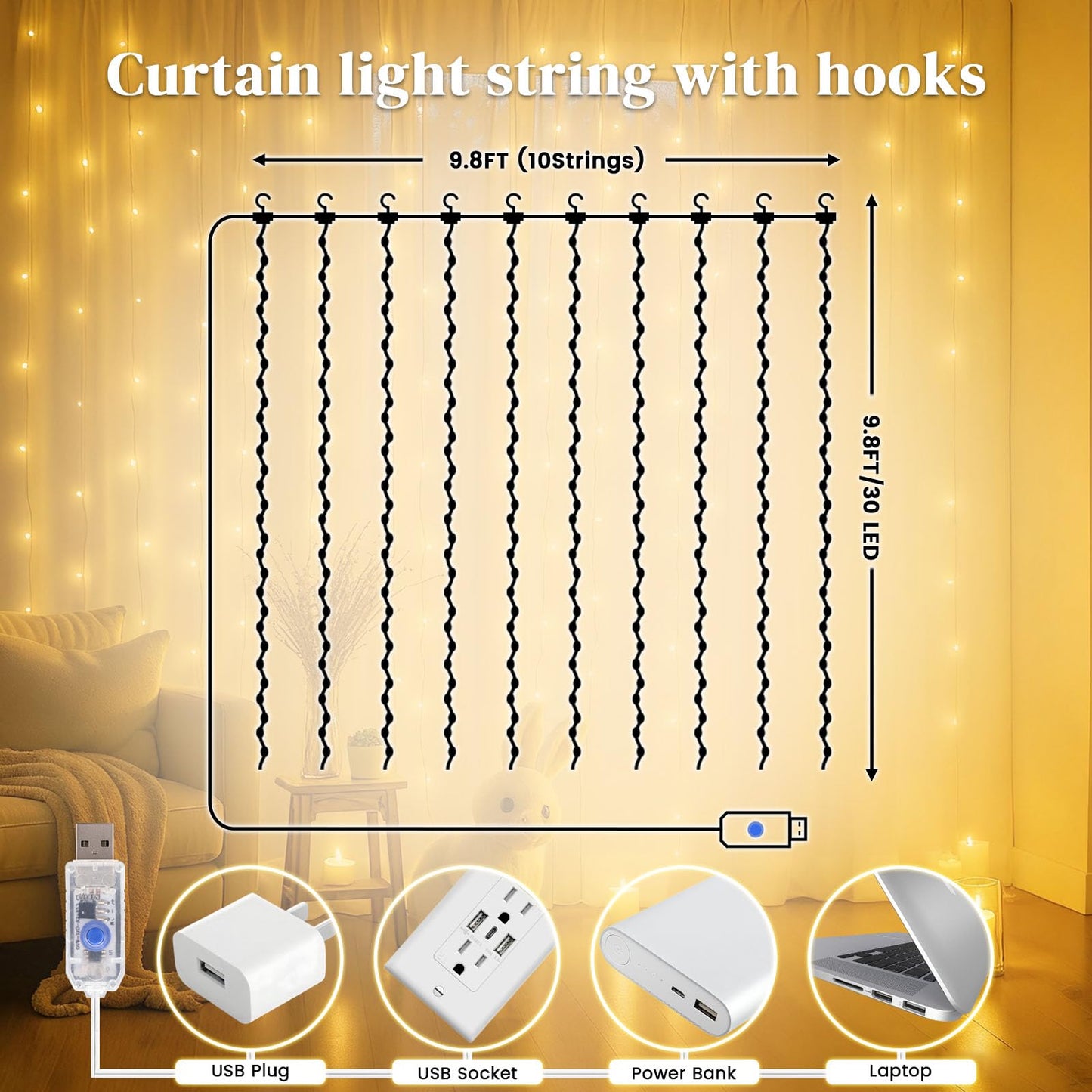 DomeStar 300 LED Curtain Lights for Bedroom, 9.8 x 9.8 FT Fairy Lights with 8 Modes Remote, Plug‑in Design for Holiday Hanging Wall Garden Party Birthday Ambient Decor (Warm White)