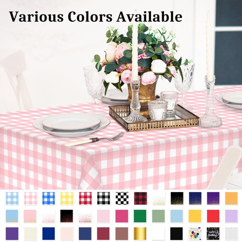 12 Pcs Pink Gingham Tablecloth 54 × 108 Inches Pink and White Checkered Table Cloth Disposable Plastic Waterproof Tablecover for Outdoor Picnic, Birthday Party, Holiday Dinner