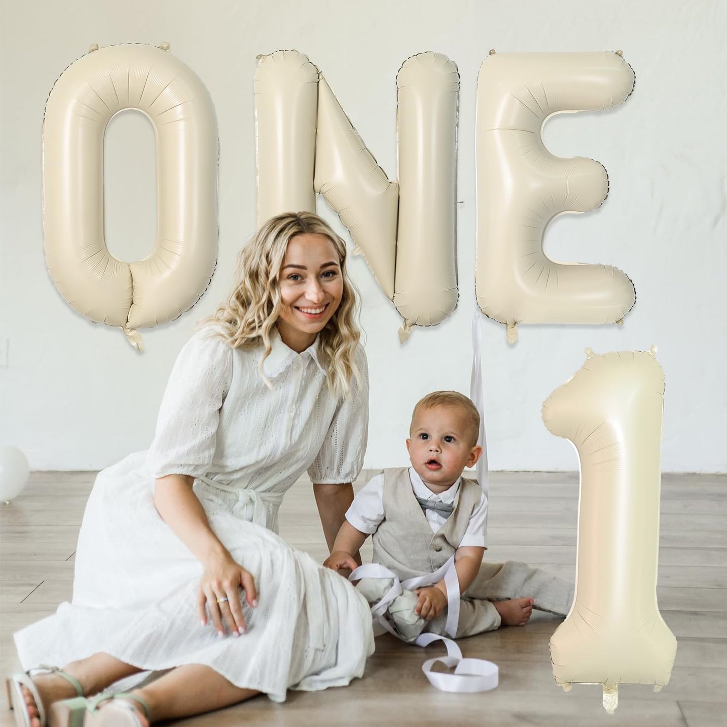Biapian 40 Inch One Letter Balloons, Big Cream ONE Foil Balloons, 3 Pcs Giant Foil Large Aluminum Balloon Helium for Anniversary First One Year Old Girl and Boy 1st Birthday Party Decoration (Cream)