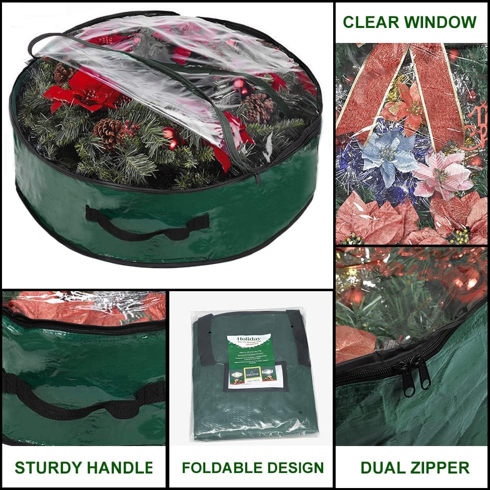 Propik Christmas Wreath Storage Bag - 36-Inch Tear-Resistant Holiday Container with Clear Window | 2 Pack, Green