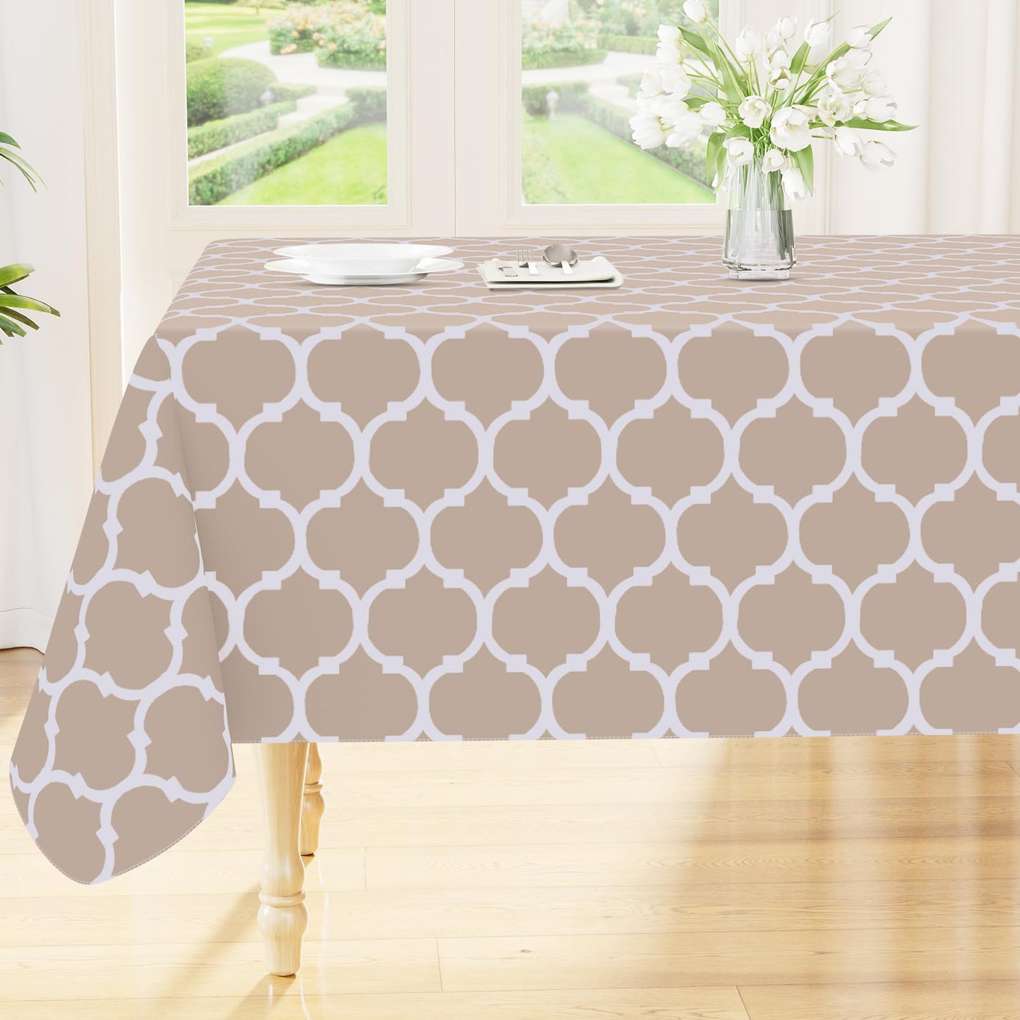 Smiry Rectangle Table Cloth, Waterproof Vinyl Tablecloths with Flannel Backing for Rectangle Tables, Wipeable Spillproof Plastic Tablecloth for Dining, Camping, Indoor and Outdoor (60"x84", Khaki)