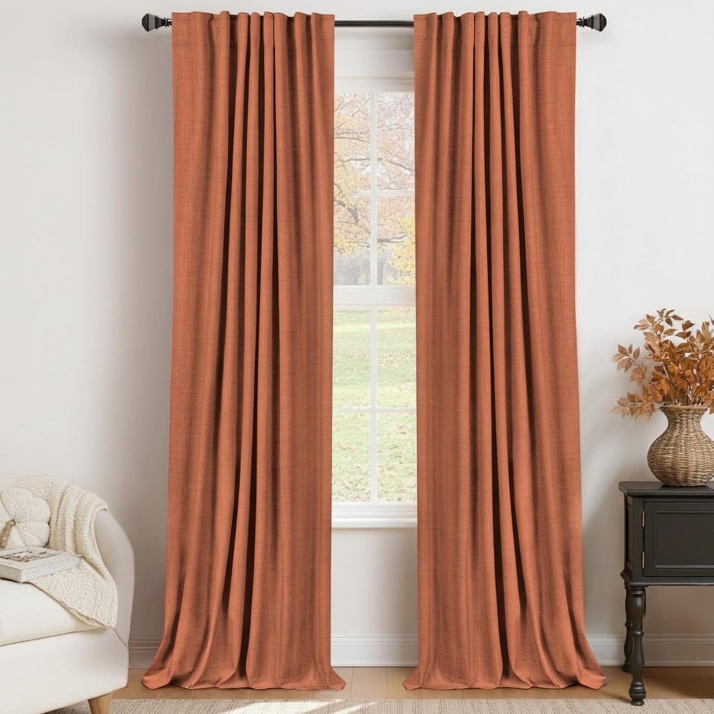 Skiennix 100% Blackout Linen Curtains - Thermal Insulated Drapes, 50" W x 96" L, Burnt Orange - 2 Panels Set