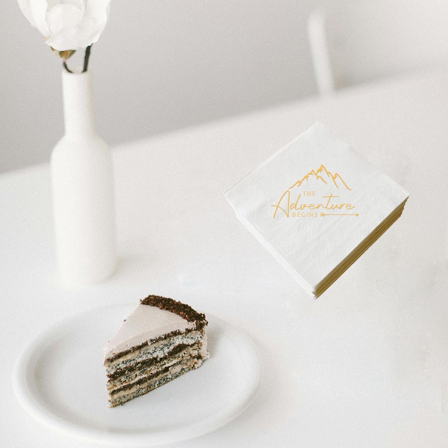 The Adventure Begins Napkins, 50 Pcs White and Gold Party Paper Cocktail Napkins for Wedding Pregnancy Announcement Baby Shower Bachelorette Engagement Graduation Bridal Shower 3-Ply