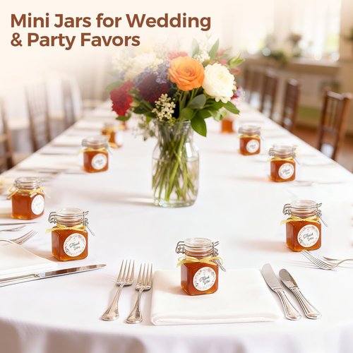 ComSaf Set of 6 Square Glass Spice Jars with Airtight Lids (4 Oz), Mini Favor Jars with Wire Clamp for Honey, Herbs & Farmhouse Kitchen Pantry Organization, with Funnel & Labels
