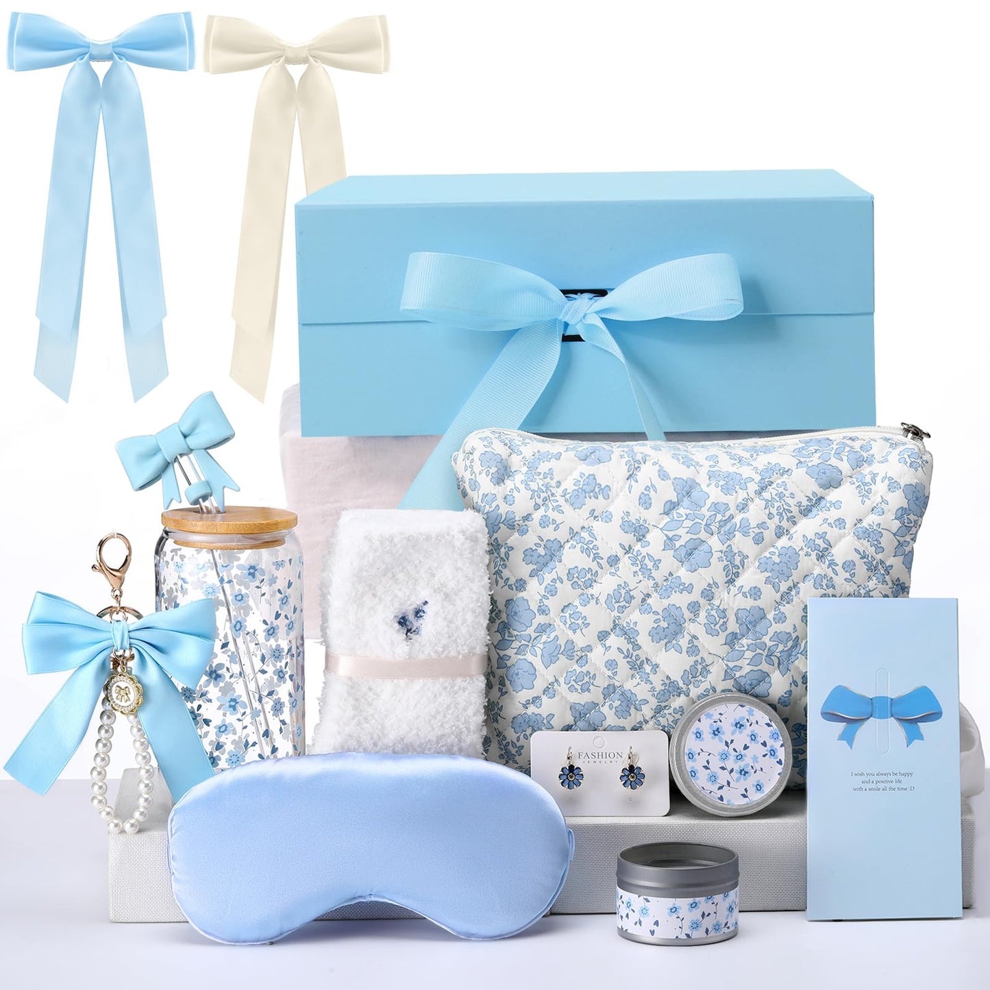 Skylety Blue Floral Gift Baskets for Teen Girls, Women Mothers Day Gifts Trendy Stuff Coquette Bow Teen Girl Self Care Birthday Box Gift for Her, Sister Friend Women Sweet 16th 18th 21st Box