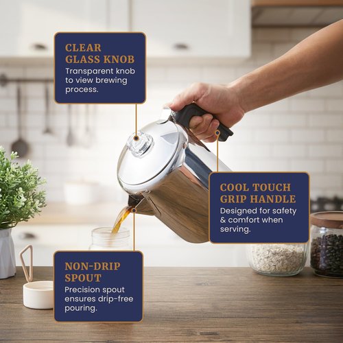Elite Gourmet EC008 Classic Stovetop Coffee Percolator, Glass Clear Brew Progress Knob, Cool-Touch Handle, Cordless Serve, 8-Cup, Stainless Steel