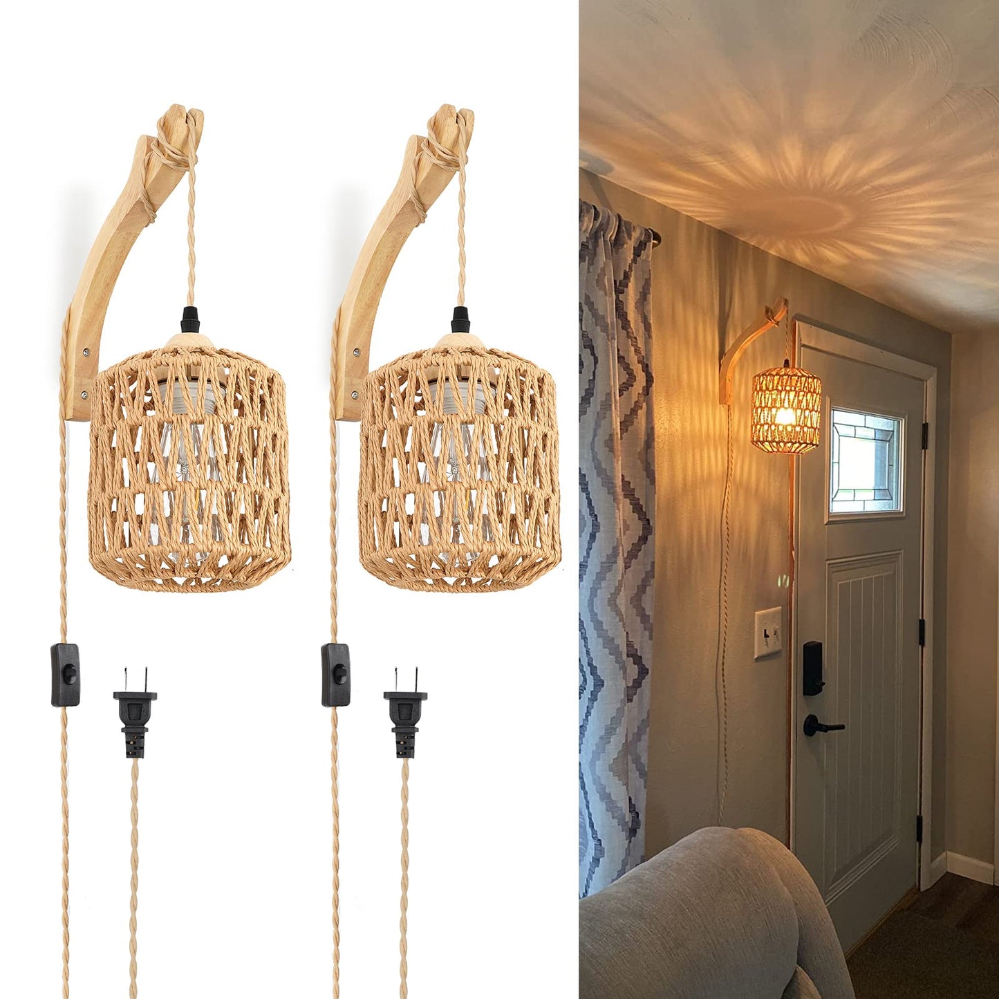 Frideko Plug in Wall Sconces Set of Two Hand Woven Lamp with Cord Rattan Lights Farmhouse Sconce Mounted Light Boho Lighting for Bedroom Living Room