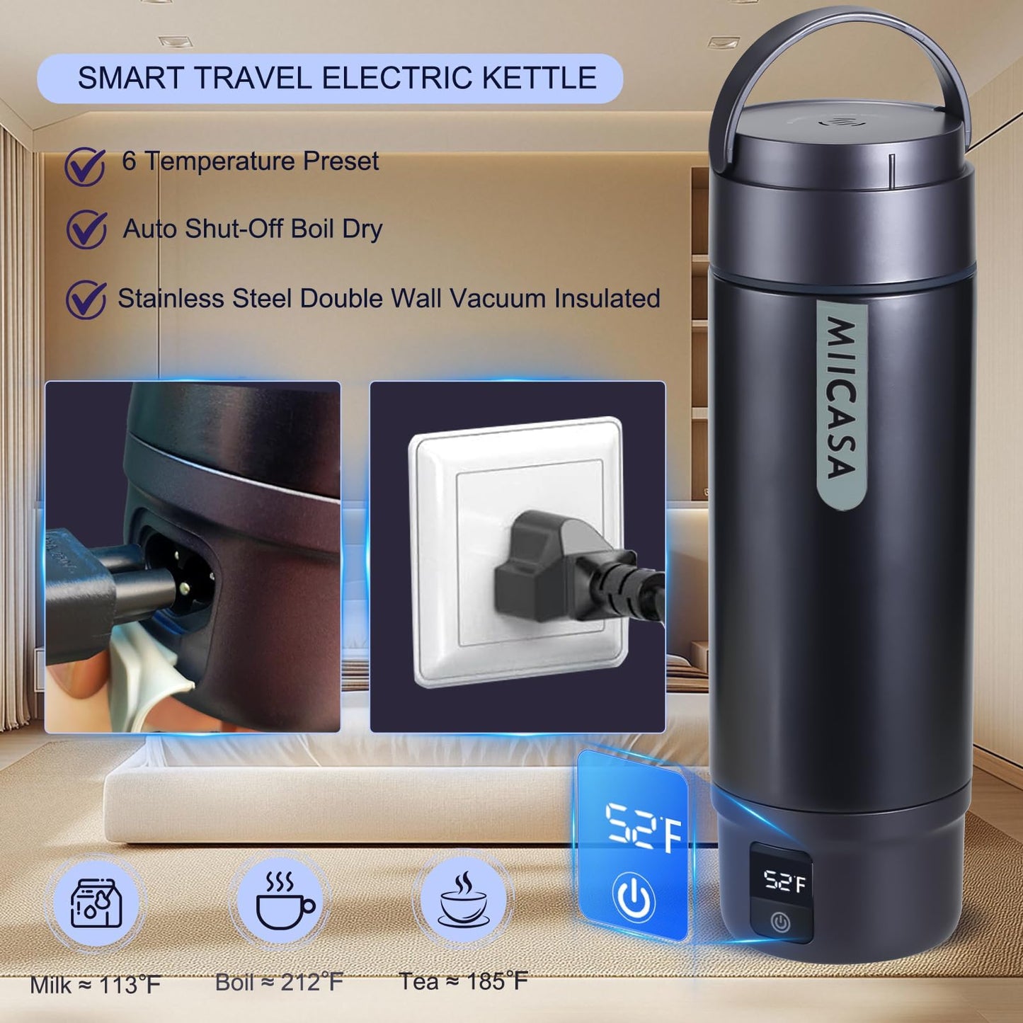 Vacuum-Insulated Portable Electric Kettle,Miicasa Stainless Steel Tumbler Small Electric Kettel,Travel Water Boiler with 6 Temperature and Auto Shut-Off Boil Dry,16oz