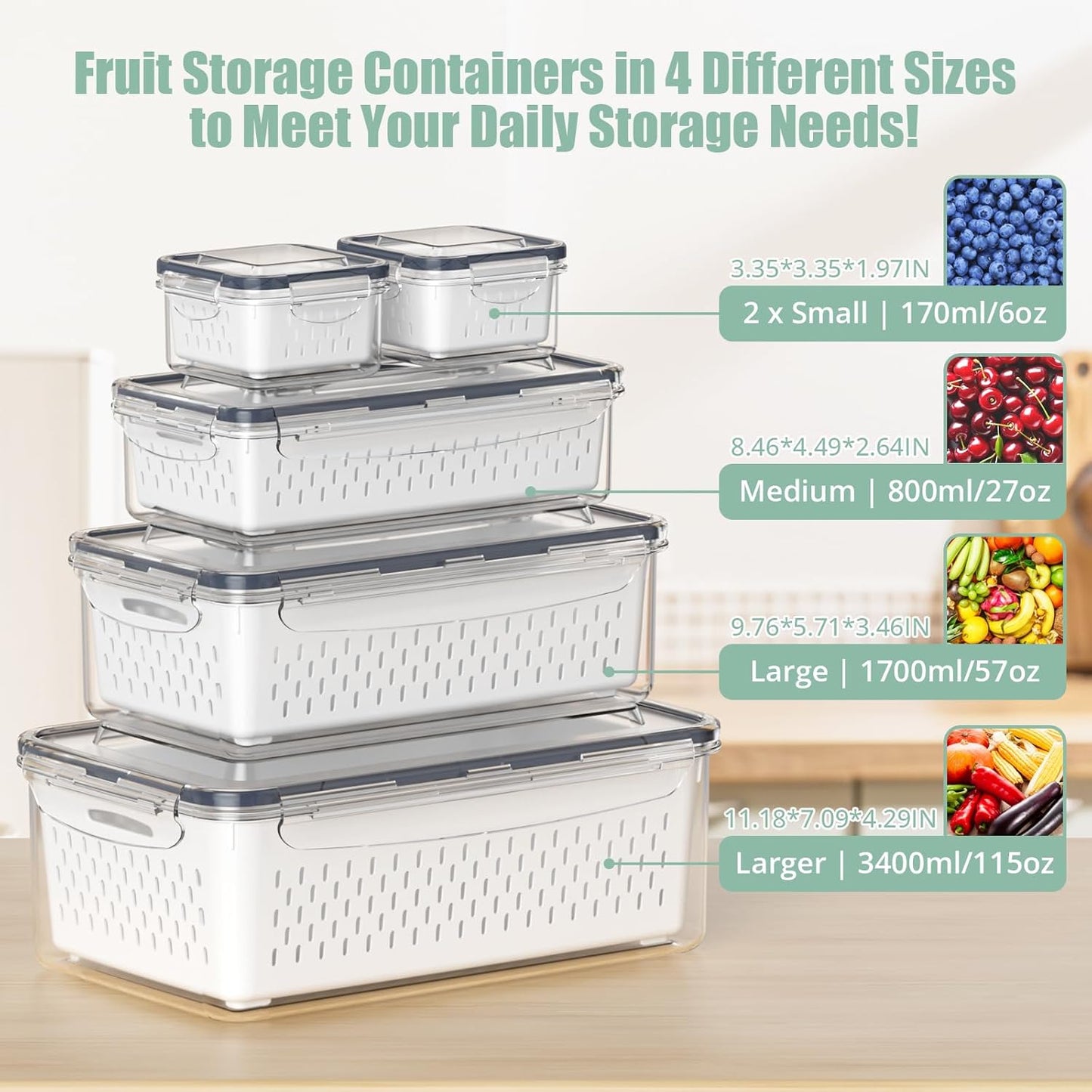 Skiennix Fruit Storage Containers - 5 Pcs Airtight Fridge Organizers with Removable Colander & Handle Lid