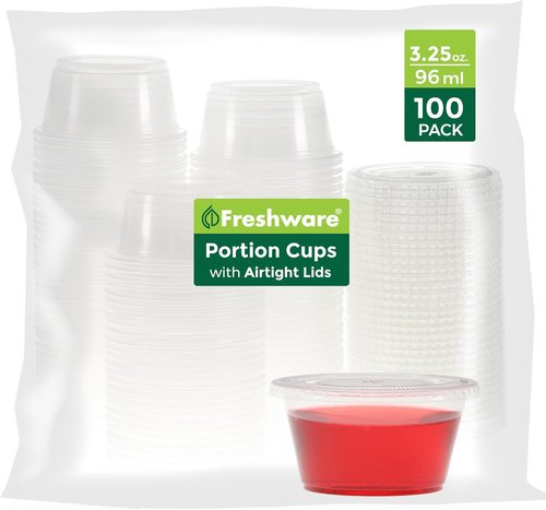 Freshware Portion Cups - 3.25 Ounce Disposable Plastic Cups with Lids for Meal Prep & Sauces | 100 Sets