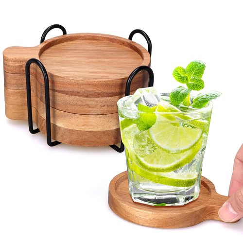 Best Wooden Handle Coasters Set of 4 with Holder Coffee Table Decor Acacia Wood Coaster for Living Room Modern Cup Coaster for Drink Home Kitchen Dining Accessories Bar Farmhouse Outdoor Decorative