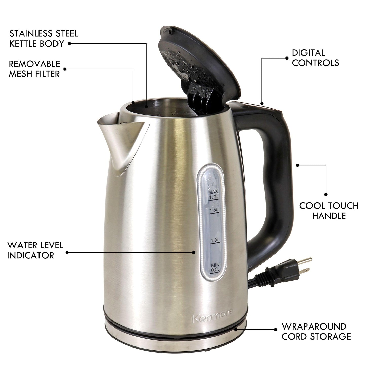 Kenmore Digital Cordless Kettle1.7 L/1.8 Quarts Capacity, Stainless Steel Electric Kettle with Digital Temperature Control, Concealed Heating Element, and Keep Warm Mode, Silver, Standard