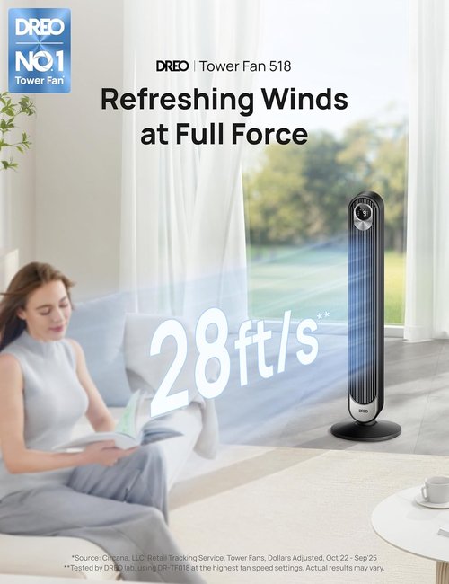 DREO Bladeless Tower Fan - Quiet 20dB Oscillating Design with Remote | 9 Speeds, 12H Timer, 42 Inch