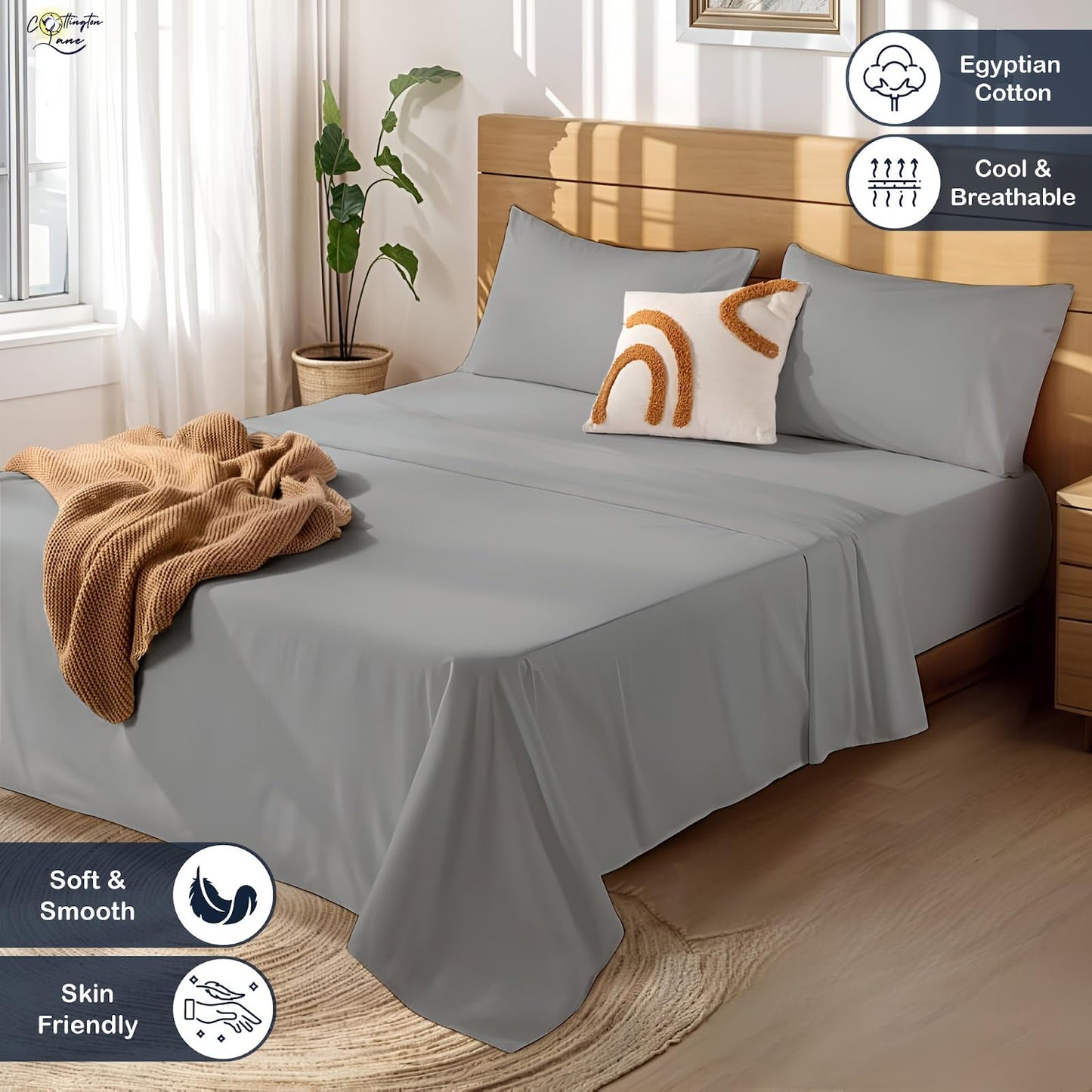 Cottington Lane 4 Piece RV King Size Sheet Set 72 x 80, Luxury Hotel Quality 100% Egyptian Cotton Bed Sheets with 16 Inch Deep Pocket Snug Fit Smooth Sateen Weave, Light Grey Solid