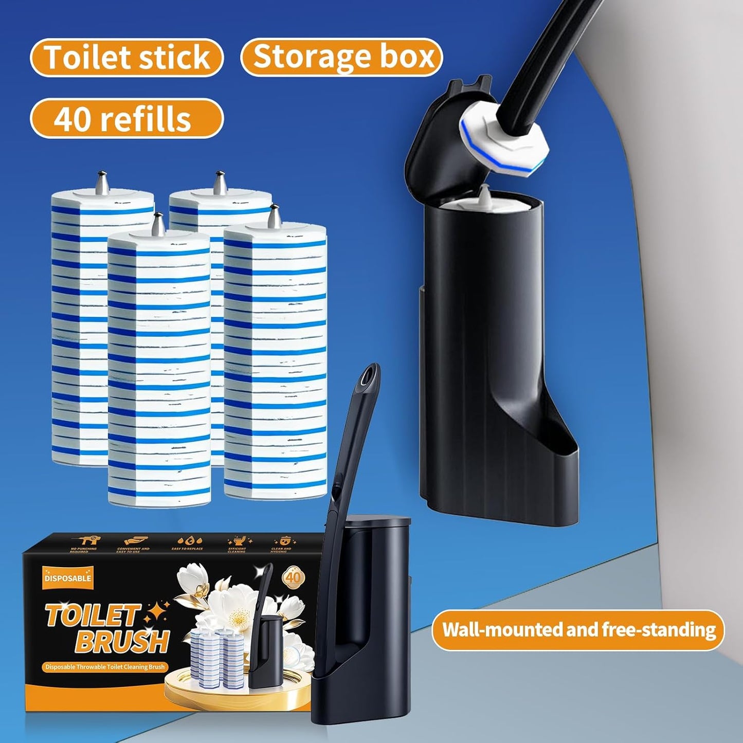 Skiennix Disposable Toilet Brush - Hygienic Toilet Bowl Cleaner with Holder | 40 Refills Included