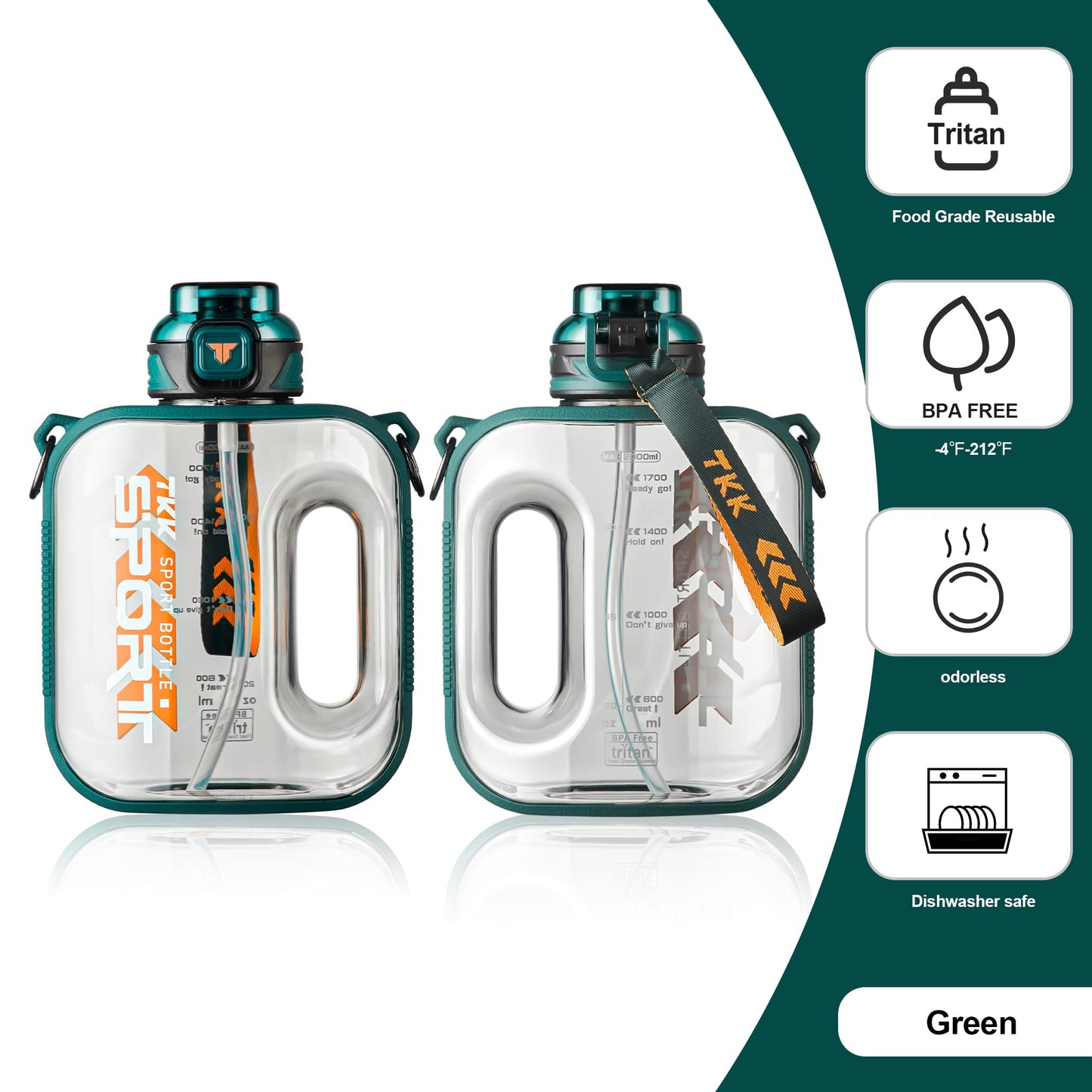 TKK Half Gallon Water Bottle Jug with Straw Large Capacity Plastic Water Bottle Dishwasher Safe 1/2 Gallon 50 Oz Water Bottle Jug BPA Free Tritan for Gym Yoga Travel Camping Outdoor