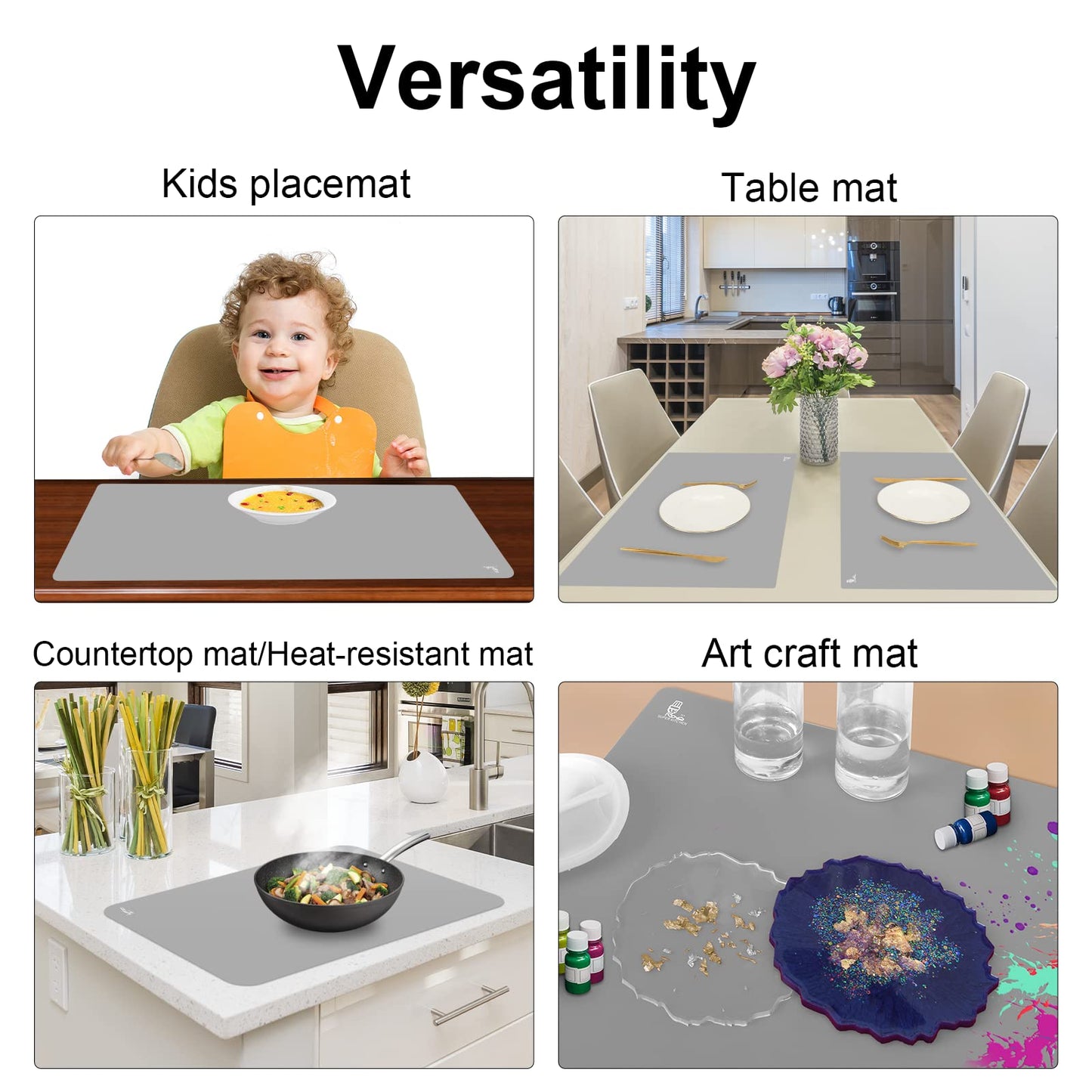 Thick Silicone Counter Mat Large Set of 2, Heat Resistant Pad for Kitchen Table/Countertop Protector/Non Stick Pastry Baking Placemats, Silicone Mat for Crafts Kids (20×28, Translucent)