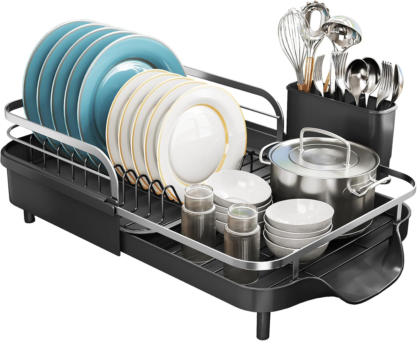 SNTD Stainless Steel Dish Drying Rack - Expandable Kitchen Counter Drainer with Drainboard & Utensil Holder (Black)