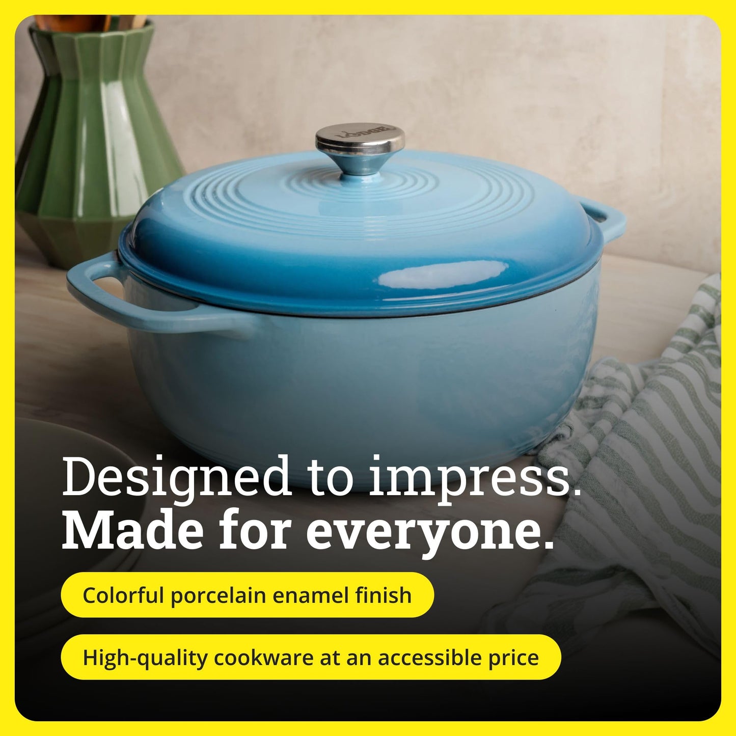 Lodge Essential Enamel Cast Iron Dutch Oven - Perfect for Bread Baking, Braising, Marinating & Slow Cooking - Features Moisture-Sealing Lid & Dual Handles - Kitchen Essentials - 6 Quarts - Cornflower Blue