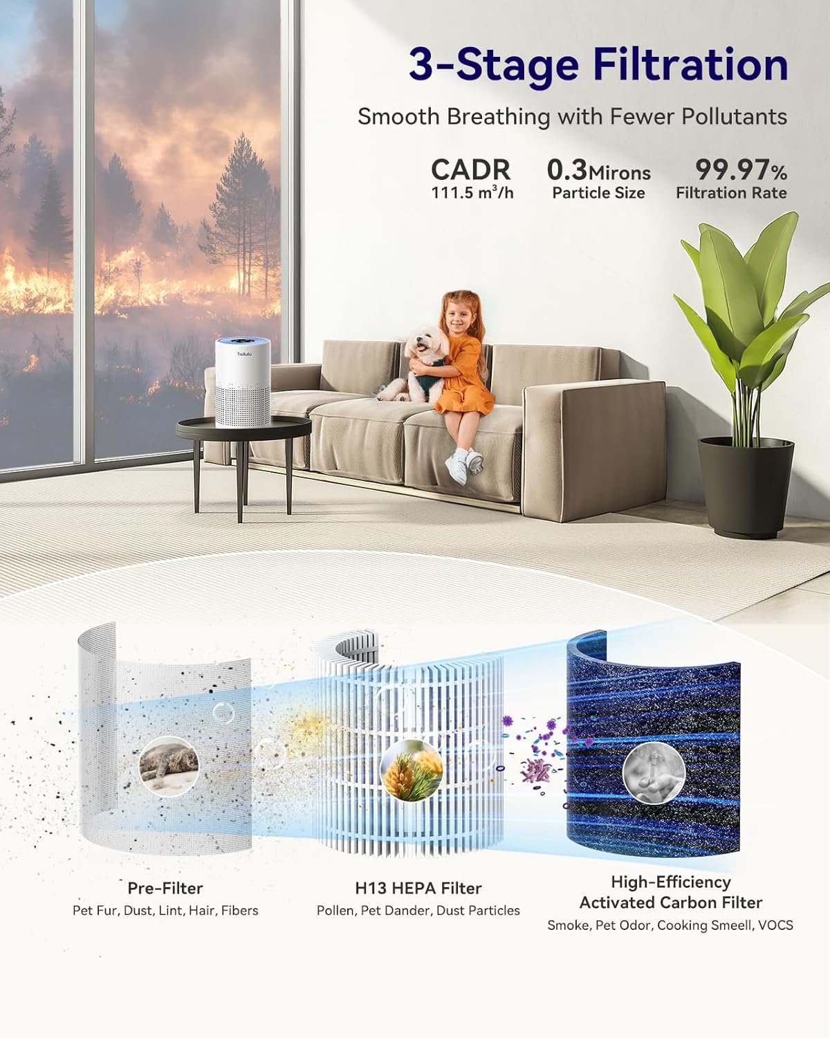 Tailulu H13 True HEPA Air Purifier - Portable 1200 Ft² Odor & Dust Cleaner with 12dB Sleep Mode & Timer