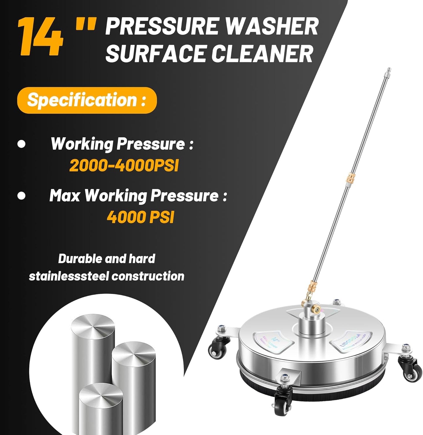 Skiennix 14" Pressure Washer Surface Cleaner - Stainless Steel Attachment for Concrete, Patio & Driveways