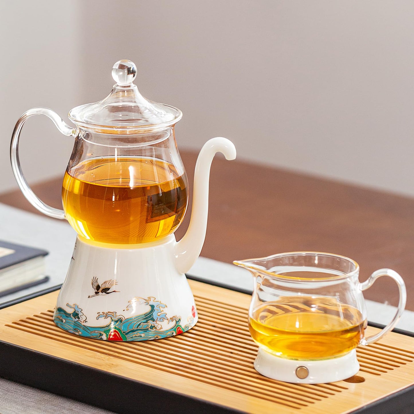 DUPODU Glass Teapot Set, Kungfu Glass Tea Pot With Infuser, For Tea Party, Semi Automatic, Teapot Set With Cups, Drip Rotating With Infuser Glass Teapot Set (2 Cups).
