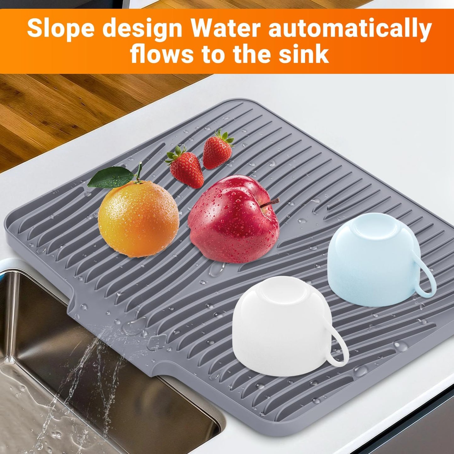 Silicone Dish Drying Mat - Non-Slip Drain Pad for Kitchen | Easy to Clean, Heat Resistant, 15.8" x 13", Grey