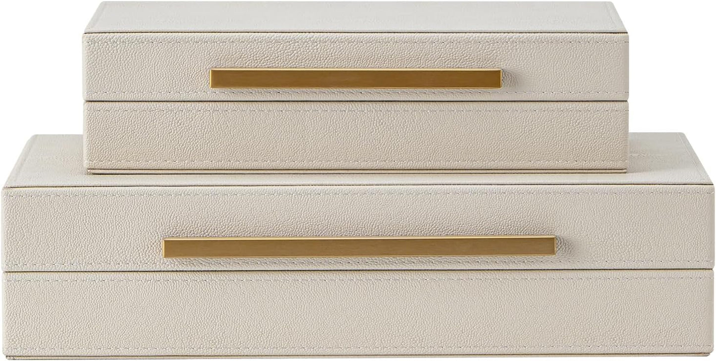 Skiennix Set of 2 Beige Shagreen Decorative Storage Boxes - Faux Leather Jewelry & Memory Organizers
