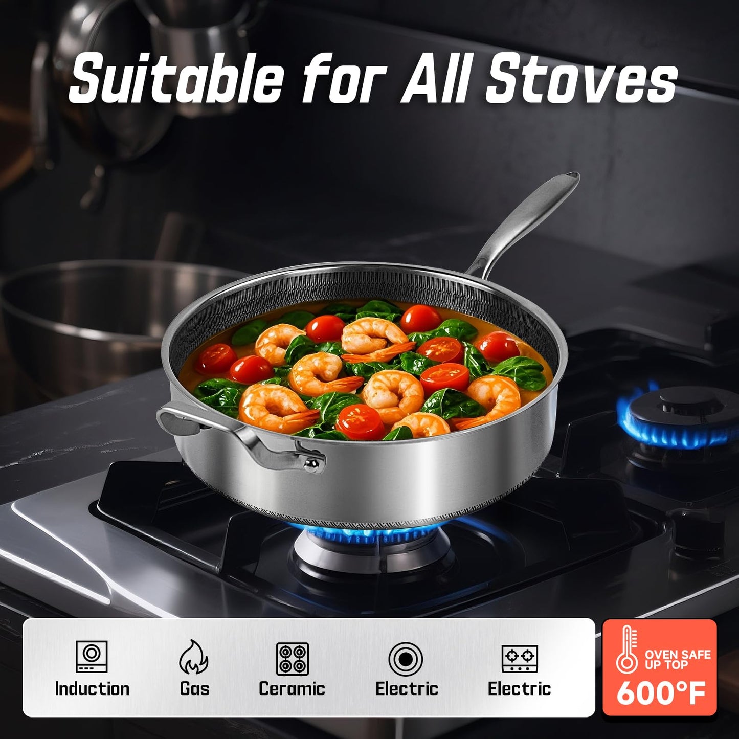 Toutrop Frying Pans Nonstick wih Lid, Non Stick Tri-Ply Stainless Steel Saute Pan, 8 Quarts Large Sauté Pan, 13.5 Inch Induction Cooking Pan, Dishwasher and Oven Safe, PFOA Free