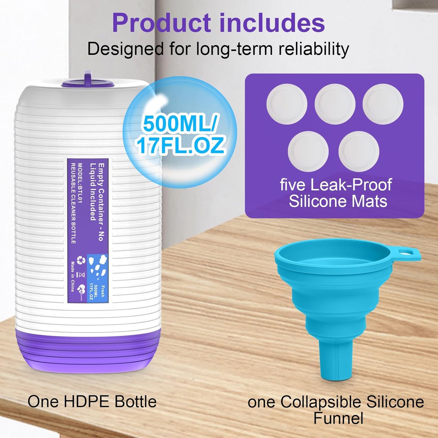 Skiennix Refillable Bottle for Swiffer Power Mop - 500ML Reusable Solution Container with 6 Leak-Proof Seals & Funnel
