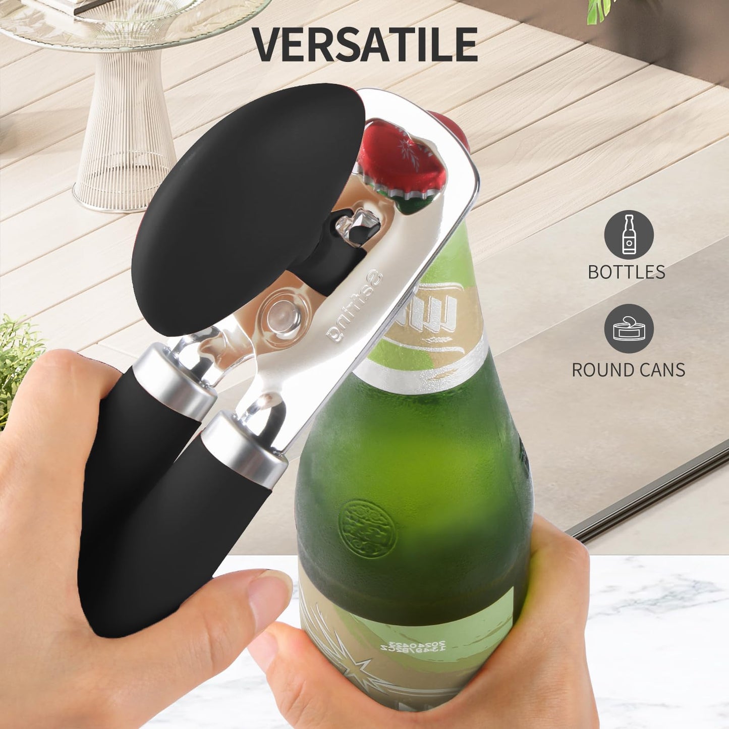Safring Can Opener Manual, Heavy Duty Stainless Steel Smooth Edge Can Openers With Soft Touch Handle, Oversized Handheld Easy Turn Knob, Multi-Function Bottle Opener, Black