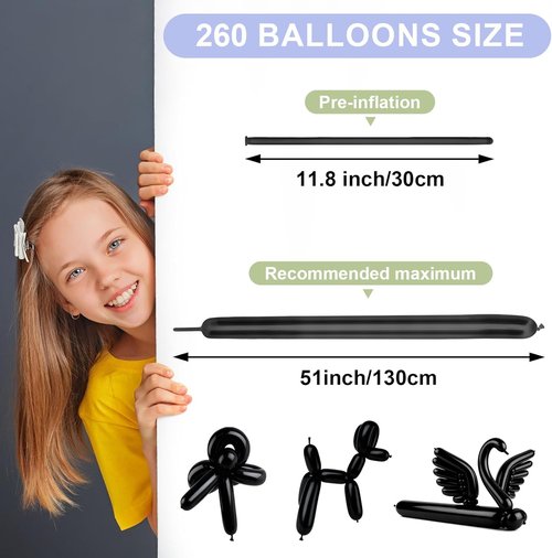 260 Premium Black Latex Balloons - Long Skinny Twisting Balloons for Weddings & Birthdays