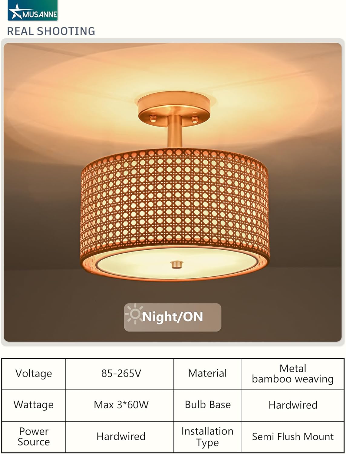 Semi flush mount ceiling light fixture for bedroom,Rattan & Fabric Double Drum Shade nursery Ceiling Light,Modern Close to Gold Ceiling Light Fixture for Entry Living Room Hallway Kitchen 3-Light