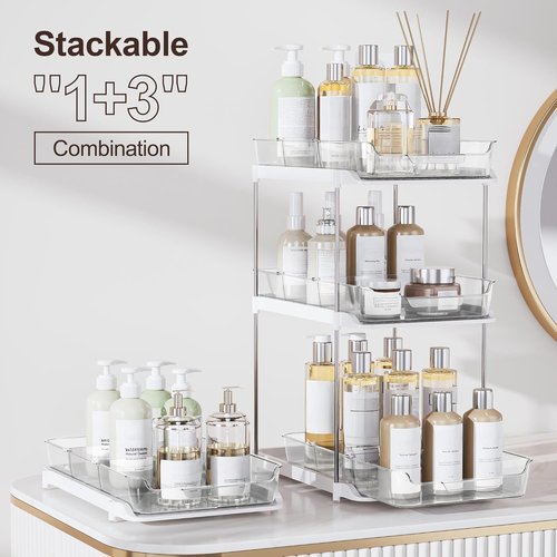 Delamu 2-Tier Bathroom Under Sink Organizer - Stackable Storage with Movable Dividers, White | 2 Pack